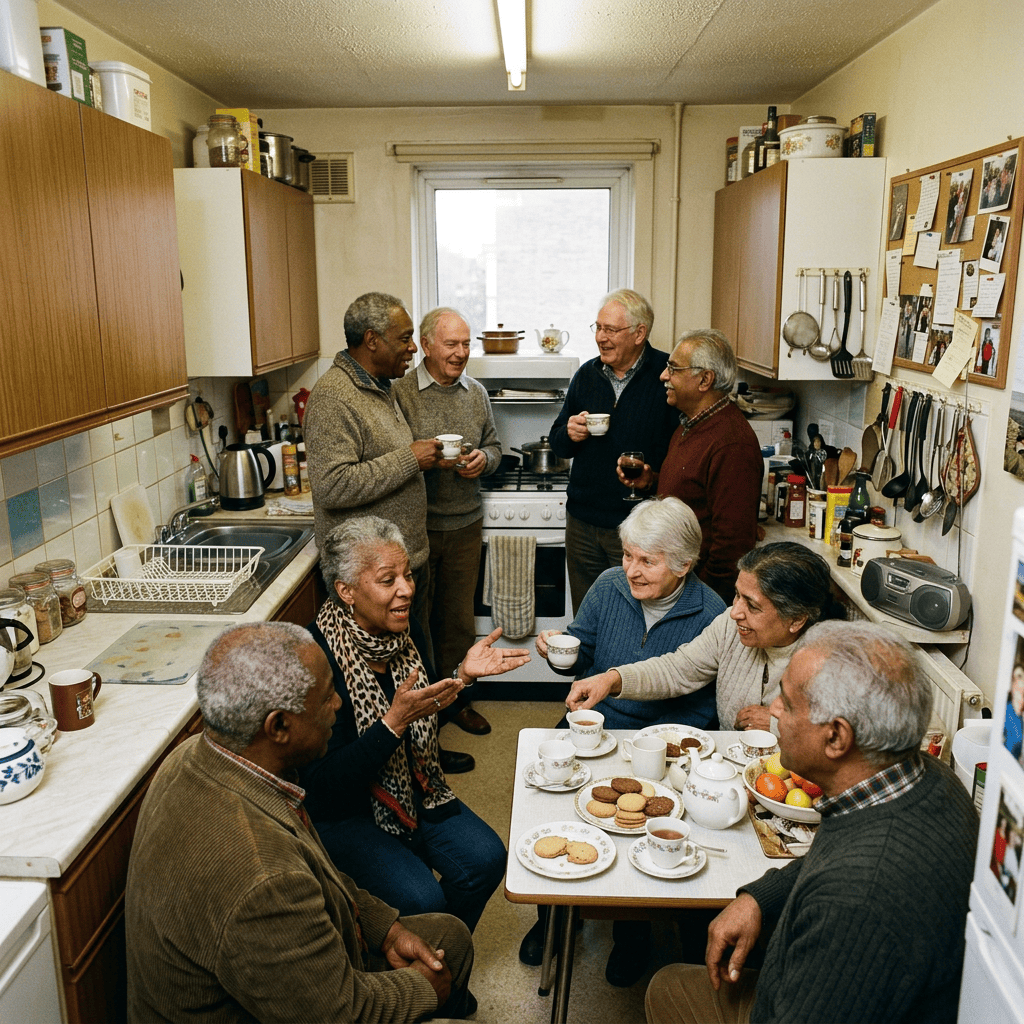 Group of elderly people having tea and chatting in a kitchen